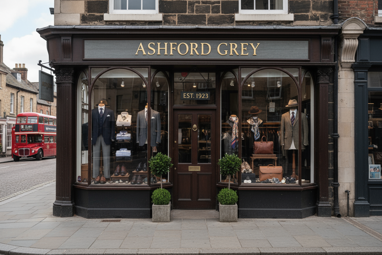 generate an image of a vintage men fashion store front in the UK with the name Ashford Grey