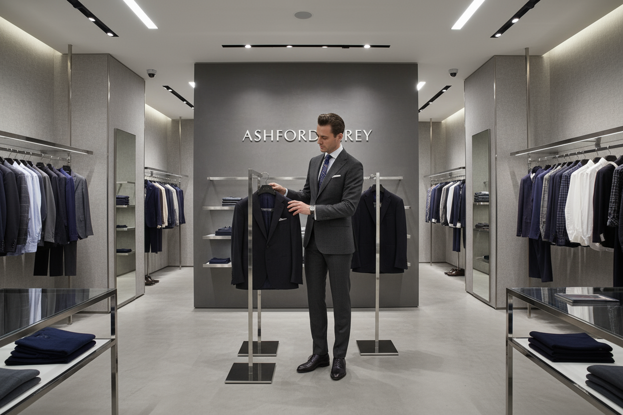 Generate an image of an English man inside a fashion store called Ashford Grey