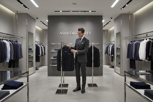 Generate an image of an English man inside a fashion store called Ashford Grey